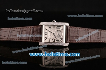 Cartier Tank MC Miyota 8245 Automatic Steel Case with Brown Leather Strap White Dial and Diamond Bezel