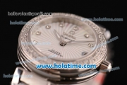 Omega De Ville Ladymatic Swiss Quartz Movement Steel Case Steel Bracelet with Diamond Bezel and White Dial