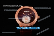 Cartier Rotonde De Swiss Quartz Rose Gold Case with Brown Guilloche Dial Diamonds Bezel and Brown Leather Strap