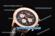 Breitling Navitimer GMT Chrono Swiss Valjoux 7750 Automatic Rose Gold Case with Black Dial Stick Markers and Black Leather Strap