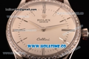 Rolex Cellini Asia Automatic Steel Case with White Dial Roman Numeral/Stick Markers and Brown Leather Strap - Diamonds Bezel (BP)