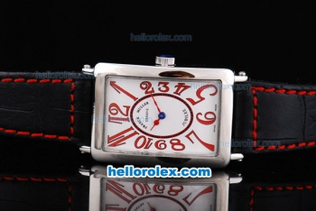 Franck Muller Geneve Long Island Quartz Silver Case with White Dial and Black Leather Starp-Red Marking