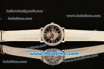 Cartier Rotonde De Swiss Quartz Steel Case with Diamonds Bezel Skeleton Dial and White Leather Strap