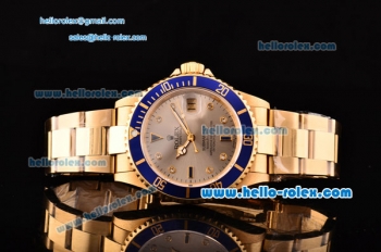 Rolex Submariner Asia 2813 Automatic Yellow Gold Case/Strap with Silver Dial Diamond Markers and Blue Bezel - ETA Coating