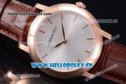 Audemars Piguet Jules Audemars Clone AP Calibre 3120 Automatic Rose Gold Case with Stick Markers Silver Dial and Brown Leather Strap