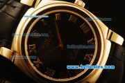 Rolex Cellini Swiss Quartz Yellow Gold Case with Black Dial and Black Leather Strap-Roman Markers