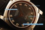 Rolex Cellini Swiss Quartz Steel Case with Black MOP Dial and Black Leather Strap-Diamond Markers