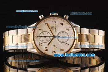 Tag Heuer Carrera Swiss Valjoux 7750 Automatic Steel Case with Rose Gold Bezel and White Dial-Two Tone Strap
