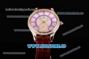 Jaeger-LeCoultre Lady Miyota Quartz Steel Case with White MOP Dial Purple Stick Markers and Brown Leather Strap - Diamonds Bezel