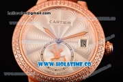 Cartier Rotonde De Swiss Quartz Rose Gold Case with Diamonds Bezel Brown Leather Strap with White Guilloche Dial