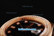 Rolex Day Date II Automatic Movement Full Rose Gold with Double Row Diamond Bezel-Diamond Markers and Black Dial