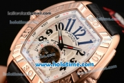 Franck Muller Conquistador Grand Prix Asia Automatic Rose Gold Case with Black Arabic Numeral Markers White Dial and Black Leather Strap