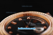 Rolex Day Date II Automatic Movement Full Rose Gold with Double Row Diamond Bezel-Diamond Markers and Black MOP Dial