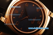 Rolex Cellini Swiss Quartz Rose Gold Case with Dark Blue Dial and Black Leather Strap-Numeral Markers