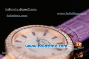 Franck Muller Ronde Miyota Quartz Rose Gold Case with Purple Leather Bracelet Diamond Bezel and Purple Stick Markers