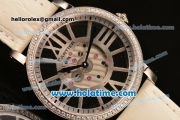 Cartier Rotonde De Swiss Quartz Steel Case with Diamonds Bezel Skeleton Dial and White Leather Strap