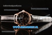 1:1 Jaeger-LECoultre Master Georgraphic Miyota 9015 Automatic Rose Gold Case with Black Dial Stick Markers and Black Genuine Leather