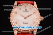 Omega De Ville Prestige Miyota Quartz Rose Gold Case with White MOP Dial Diamonds Bezel and Red Leather Strap