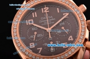 Omega Speedmaster Chrono Swiss Quartz Rose Gold Case Diamond Bezel with Brown Leather Strap and Brown Dial Numeral Markers
