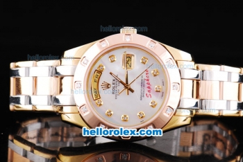 Rolex Day Date Oyster Perpetual Automatic Movement Two Tone with White Dial and Diamond Markers-Diamond Bezel