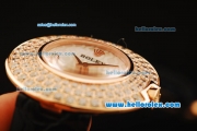 Rolex Datejust Swiss Quartz Movement Rose Gold Case with Diamond Bezel and Black Leather Strap - Lady Size