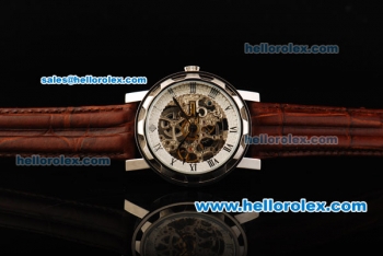 Patek Philippe Skeleton Automatic Movement Steel Case with Roman Numerals and Brown Leather Strap