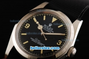 Rolex Explorer Automatic Movement Steel Case with Black Dial-Yellow Markers and Black Nylon Strap
