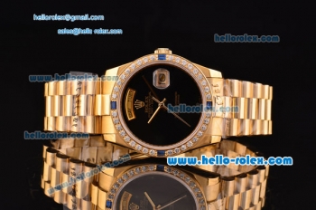 Rolex Day-Date 2813 Automatic Gold Case with Diamond Bezel Black Dial and Yellow Gold Strap