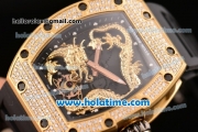 Richard Mille Tourbillon RM 057 Dragon Swiss ETA 2824 Automatic Yellow Gold&Diamonds Case with Black Rubber Strap and Gold Dragon Dial - 1:1 Original