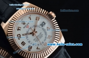 Rolex Sky-Dweller Asia 2813 Automatic Rose Gold Case Numeral Markerswith Black Leather Strap and White Dial