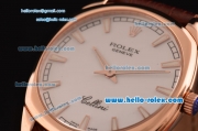 Rolex Cellini Danaos Swiss Quartz Rose Gold Case with Brown Leather Strap White Dial Stick Markers