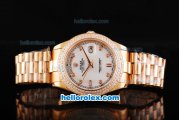 Rolex Day Date II Automatic Movement Full Rose Gold with Double Row Diamond Bezel-Diamond Markers and White MOP Dial