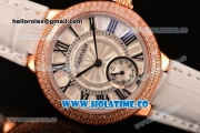 Cartier Ballon Bleu De Small Swiss Quartz Rose Gold Case with Diamonds Bezel White Dial and White Leather Strap - Black Markers