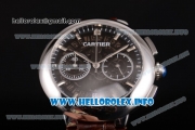 Cartier Rotonde De Chrono Miyota Quartz Steel Case with Black Skeleton Dial and Brown Leather Strap - Stick Markers