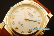 Rolex Cellini Swiss Quartz Yellow Gold Case with Silver Dial and Brown Leather Strap-Roman Markers