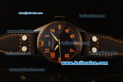 IWC Pilot Swiss Quartz PVD Case with Black Dial and Black Leather Strap-Orange Markers