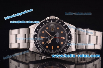 Rolex GMT Master Vintage Swiss ETA 2836 Automatic Black Bezel with Black Dial and Steel Bracelet-Orange Markers