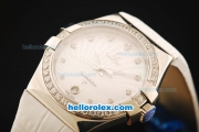 Omega Constellation Quartz Movement Steel Case with Diamond Bezel and White Leather Strap