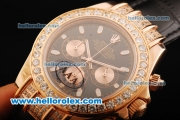 Rolex Daytona Chronograph Miyota Quartz Movement Rose Gold Case with Diamond Bezel and White Markers - Black Leather Strap