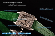 Cartier Santos 100 Medium Japanese Miyota OS2035 Quartz Steel Case with Green Leather Strap Diamond Bezel and White Dial