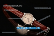 Cartier Rotonde De Miyota Quartz Steel Case with Diamonds Markers White Dial and Brown Leather Strap