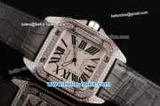 Cartier Santos 100 Swiss ETA 2824 Automatic Steel Case with Black Leather Strap Diamond Bezel and White Dial - 1:1 Original