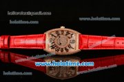 Franck Muller Cintree Curvex Swiss Quartz Rose Gold/Diamonds Case with Diamonds Dial Black Numeral Markers and Red Leather Strap
