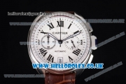 Cartier Cle de Cartier Chrono Japanese Miyota OS20 Quartz Steel Case with White Dial Diamonds Bezel and Brown Leather Strap