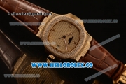 Patek Philippe Nautilus Miyota 9015 Automatic Diamonds/Yellow Gold Case with Diamonds Dial and Brown Leather Strap (AAAF)