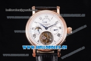 Patek Philippe Grand Complication Swiss Tourbillon Automatic Rose Gold Case with White Dial Black Leather Strap and Roman Numeral Markers