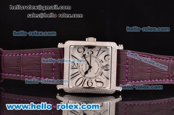 Franck Muller Master Square Swiss Quartz Steel Case with Diamond Bezel and Purple Leather Strap