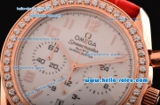 Omega Speedmaster Chrono Swiss Quartz Rose Gold Case Diamond Bezel with Red Leather Strap and White Dial Numeral Markers