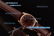Rolex Cellini Danaos Swiss Quartz Rose Gold Case with Brown Leather Strap Brown Dial Stick Markers