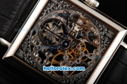 Patek Philippe Quadrate Skeleton Manual Winding Movement with White Bezel and Black Leather Strap